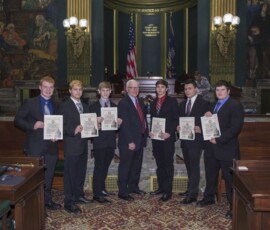 March 26, 2018 - State Sen. Gene Yaw today recognized the Fall 2017 Stock Market Challenge Winners from Montgomery Jr./Sr. High School and Muncy Jr./Sr. High School during a ceremony at the State Capitol Building in Harrisburg. Pictured from L to R: Josh Hall (Muncy); Joe Klock (Muncy); Carter Smith (Montgomery); Senator Gene Yaw; Dylan Ring (Montgomery); Kyle Rupert (Montgomery) and Noah Eshenaur (Montgomery). 03/26/18