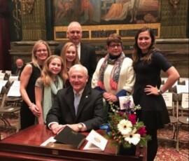 January 3, 2017 - 2017 Senator Yaw’s family joins him prior to the state Senate Swearing-In Ceremony at the State Capitol. From L to R: Tracey Yaw (daughter-in-law), Sydney Yaw (granddaughter), Sam Yaw (granddaughter), Scott Yaw (son), Senator Gene Yaw, Ann Pepperman (wife) & Mackenzie Yaw (daughter). 01/03/17
