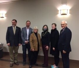 January 20, 2022 - Daryl Miller, Bradford County Commissioner; Jeff Homer, President of the Greater Wyalusing Chamber of Commerce (GWCC) and owner of Grovedale Winery, Evergreen Oilfield Solutions & Homer Funeral Homes; Rep. Tina Pickett; Gretchen Kukuchka, Business Consultant at the Small Business Development Center, University of Scranton; Kelly White, Executive Director of GWCC and Senator Yaw. 01/20