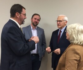 January 20, 2022 - Daryl Miller, Bradford County Commissioner; Jeff Homer, President of the Greater Wyalusing Chamber of Commerce (GWCC); Senator Yaw and Rep. Tina Pickett talk during the annual Chamber dinner in Wyalusing. 01/20