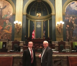February 6, 2018 - Senator Yaw welcomes Jacob Quasius, a Senior at Lycoming College in Williamsport, and an intern in Sen. Yaw's Williamsport District Office, to the State Capitol Building. 02/06/18