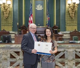 December 12, 2017 - Senator Yaw recognizes Jade Parker on her athletic accomplishment as a member of the Lady Lions Volleyball Team, which won the 2017 ESDAA Division 2 Girls’ Volleyball Championship. 12/12/17