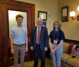 June 22, 2016 - Senator Yaw welcomes Lukas Radulski, a student at Williamsport High School and Keystone Boys State participant, as well as Taylor Gardner, a student at South Williamsport High School and American Legion Auxiliary Girls State participant. Both students visited the Capitol as part of a week long summertime educational program that focuses on participation and personal experience in a model state, complete with governing bodies and elected public officials. 06/22/16