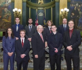 May 10, 2016 - (Bottom Left to Right): Daphne Bowers, School Superintendent; Josh Glover; Senator Gene Yaw; Austin LaChappelle; Ryan Monoski, Teacher & Advisor; (Top Left to Right): Dylan Rupert; Nephi Barnhart; Colby Barto and Joseph Stoudt, High School Principal. 05/10/16