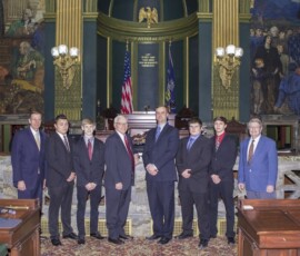 March 26, 2018 - State Sen. Gene Yaw today recognized the Fall 2017 Stock Market Challenge Winners in the “Advanced High School Division” from Montgomery Jr./Sr. High School in Lycoming County during a special ceremony at the State Capitol in Harrisburg. Pictured from L to R: Alan Dakey, President of the Pennsylvania Council on Financial Literacy; Kyle Rupert; Carter Smith; Sen. Gene Yaw; Ryan Monoski, advisor at Montgomery Jr./Sr. High School; Noah Eshenaur; Dylan Ring and Scott Krug Co-Chairman of the Board for the Pennsylvania Council on Financial Literacy. 03/26/18