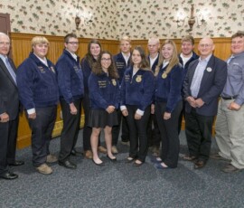 September 13, 2017 - At left, Sen. Gene Yaw and Penn State College of Agricultural Sciences Dean Rick Roush, second from right, hosted Montoursville FFA members at the annual Breakfast Meeting on Agriculture. 09/13/17