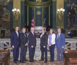 March 26, 2018 - State Sen. Gene Yaw today recognized the Fall 2017 Stock Market Challenge Winners in the “High School Division” from Muncy Jr./Sr. High School in Lycoming County during a special ceremony at the State Capitol in Harrisburg. Pictured from L to R: Alan Dakey, President of the Pennsylvania Council on Financial Literacy; Josh Hall; Sen. Gene Yaw; Joe Klock; Beth Baker, advisor at Muncy Jr./Sr. High School and Scott Krug Co-Chairman of the Board for the Pennsylvania Council on Financial Literacy. 03/26/18