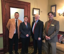 April 18, 2017 - Senator Yaw met with Sarah Hall-Bagdonas, Northern Tier Hardwood Association; Shane Pedro, Gutchess Lumber Co., Inc.; and Scott Seyler, Northland Forest Products, Inc. promoting PA's lumber industry. 04/18/17