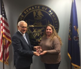 November 18, 2021 - Senator Yaw was presented with the Pennsylvania Association of Conservation Districts (PACD) “Legislator Leadership Award” for his efforts to further the activities and accomplishments of the state’s conservation districts. The Sullivan County Conservation District nominated Sen. Yaw for the award. L to R: Senator Gene Yaw and Carrie Richmond of the Sullivan County Conservation District. 11/18/21