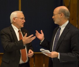 April 28, 2016 - Sen. Yaw and Gov. Wolf converse after the formal panel discussion on heroin and opioid abuse. 04/28/16