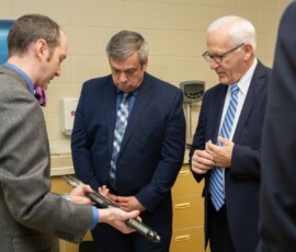 November 8, 2018 - Bradley M. Webb, assistant dean of industrial, computing and engineering technologies, offers insights during a tour of the Penn College campus with Senator Yaw and Senator Pat Browne. 11/08/18