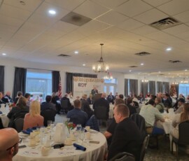 December 8, 2022 - Senator Yaw speaks to a crowd gathered at the Morning Member Connection sponsored by the Williamsport/Lycoming Chamber of Commerce Thursday morning. 12/08