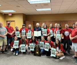August 16, 2022 - Senator Yaw presents the Montgomery Red Raiders Softball Team with proclamations recognizing their outstanding athletic accomplishments this season and a PIAA Class A victory in June. 08/16
