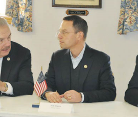 November 10, 2017 - The roundtable discussion at American Legion Post 42 in Towanda regarding the opioid crisis was led by Pennsylvania Attorney General Josh Shapiro (center), who was joined by his office’s Senior Agent in Charge Bill Kelly (left) and Sen. Gene Yaw (R-23rd Dist.). Photos by Cain Chamberlin, Wyalusing Rocket Courier 11/10/17