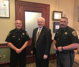 May 22, 2017 - Snyder County Sheriff John Zechman (left) and Union County Sheriff Ernie Ritter visit with Senator Yaw. 05/22/17