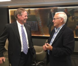 July 9, 2019 - Senator Yaw talks with Jay Chadwick, Chairman of Tuscarora Wayne Insurance Company, while in Wyalusing, Bradford County. 07/09/19