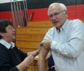 October 24, 2015 - Senator Yaw visits the 30th Annual Sullivan County Health Fair in Laporte, where Commissioner Darla Bortz administers his flu shot. 10/24/15