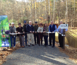 October 27, 2014 - Sen. Yaw joined Department of Conservation and Natural Resources (DCNR) Secretary Ellen Ferretti and other officials and hiking enthusiasts on the Black Forest Trail to dedicate the new bridge in the village of Slate Run, Lycoming County. 10/27/14