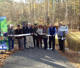 October 27, 2014 - Sen. Yaw joined Department of Conservation and Natural Resources (DCNR) Secretary Ellen Ferretti and other officials and hiking enthusiasts on the Black Forest Trail to dedicate the new bridge in the village of Slate Run, Lycoming County. 10/27/14