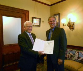 June 24, 2014 - Sen. Yaw presents George Stark of Cabot Oil and Gas with a Senate Certificate congratulating his company on receiving a 2014 Governor’s ImPAct Award. 06/24/14