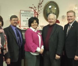 February 19, 2015 - Sen. Yaw visits the Herr Memorial Library in Mifflinburg. (Pictured L to R: Joanne Troutman, Member, Herr Memorial Library Campaign Committee; Preston Boop, Union County Commissioner; Kelly Walter, Library Director; State Senator Gene Yaw; State Representative Fred Keller). 02/19/15