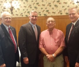 September 25, 2015 - Sen. Yaw congratulates Stephen Kline, Secretary of the Mifflinburg Young Farmers Association during the Senators September 25, 2015 - Annual Agriculture Breakfast in Lewisburg. Also pictured are PA Agriculture Secretary Russell Redding and State Representative Fred Keller. 09/25/15