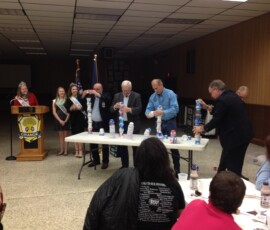 April 10, 2015 - PA State Dairy Princess Ashley Mohn & Lyco County Dairy Princess Olivia Paulhamus set up a contest to see which elected official could stack the most cups without falling over, during the annual Lycoming County Pomona Grange Legislative Banquet. It was to highlight the importance of yogurt & other dairy products. Pictured from left to right: Lycoming County Commissioner Tony Mussare, Sen. Yaw, Congressman Tom Marino & Lycoming County Coroner Charles Kiessling. 04/10/15