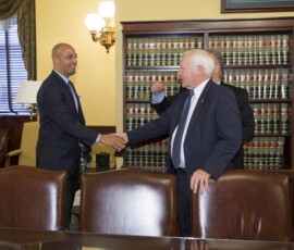 May 5, 2015 - Senator Yaw greets Penn State Head Football Coach James Franklin during his visit to the State Capitol Building. 05/05/15