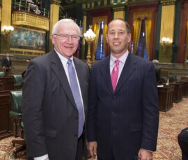 January 5, 2016 - Senator Yaw congratulates Senator Joe Scarnati following his swearing-in as President Pro Tempore of the Pennsylvania Senate for 2016. 01/05/16
