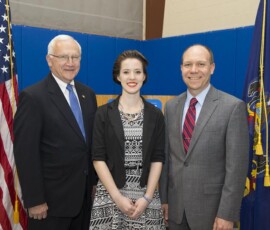 May 21, 2015 - Senator Yaw awards Sapphire Naugle, of Jersey Shore High School, with the 2015-16 Peggy Madigan Memorial Leadership Scholarship Award during his annual Student Government Seminar at the Pennsylvania College of Technology in Williamsport. 05/21/15