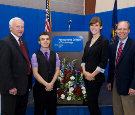 May 22, 2014 - The Peggy Madigan Memorial Leadership Scholarships, named in memory of the late wife of former state Senator Roger A. Madigan – were presented to high school seniors Caleb J. Maenza of North Rome Christian School and Jessica M. Stevens of Athens Area High School. Both students attended the Yaw Student Government Seminar and plan to enroll as full-time students at Penn College. 05/22/14