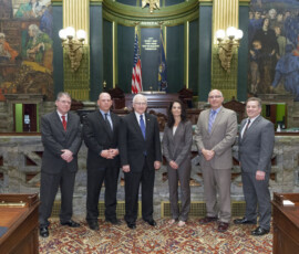 Senator Yaw welcomed (L to R) Don Adams, Superintendent – Williamsport Area School District; Timothy Bowers, Superintendent – Montoursville Area School District; Daphne Bowers, Superintendent – Montgomery Area School District; Michael Pawlik, Superintendent – East Lycoming School District; Gerald McLaughlin, Superintendent – Loyalsock Township School District, to the State Capitol Building. Also joining the Superintendents was Jason Fink – Executive Vice President of the <a href=""https://www.facebook.com/WilliamsportLycomingChamberofCommerce""> Williamsport/Lycoming Chamber of Commerce</a>. 05/04/15